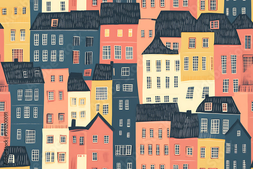 Flat art illustration of multi-colored house facades, showcasing simple geometric shapes and vibrant colors, creating a playful and modern urban aesthetic. 