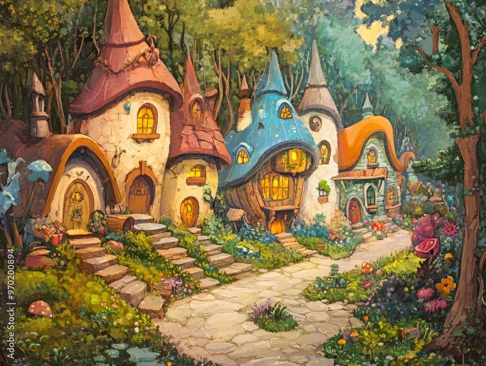 Fototapeta premium Enchanted setting featuring whimsical fairy tale characters in a colorful cartoon village