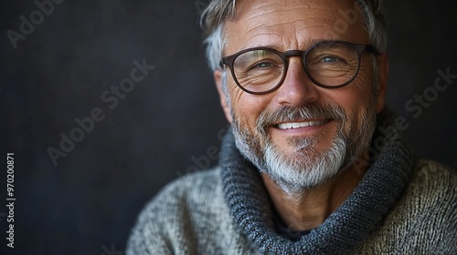 An older man with a beard and glasses wearing a casual sweater is smiling brightly while looking directly at the camera : Generative AI