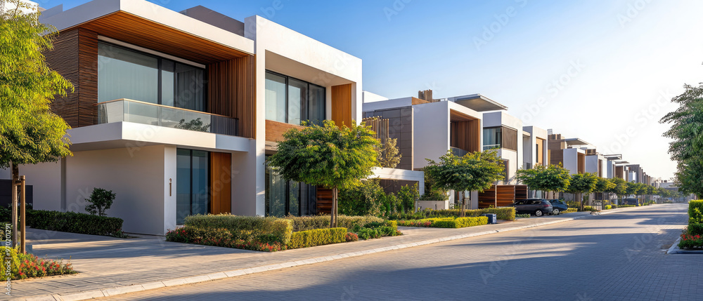 A row of houses with a car parked in front of one of them. The houses are all white and have a lot of windows. The street is lined with trees and bushes, giving it a peaceful and serene atmosphere A row of houses with a car parked in front of one of them. The houses are all white and have a lot of windows. The street is lined with trees and bushes, giving it a peaceful and serene atmosphere