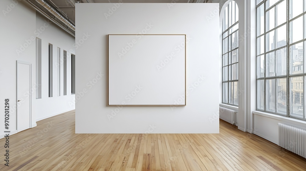 A blank canvas on a white wall with wooden floor : Generative AI A blank canvas on a white wall with wooden floor : Generative AI