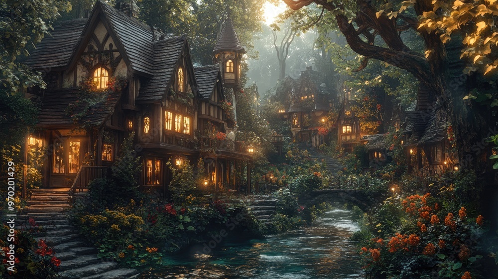Charming Enchanted Village Fantasy Setting Conceptual Art Lifelike Illustration Digital Artwork for Gaming Scenic Imagery for Interactive Experiences Charming Enchanted Village Fantasy Setting Conceptual Art Lifelike Illustration Digital Artwork for Gaming Scenic Imagery for Interactive Experiences