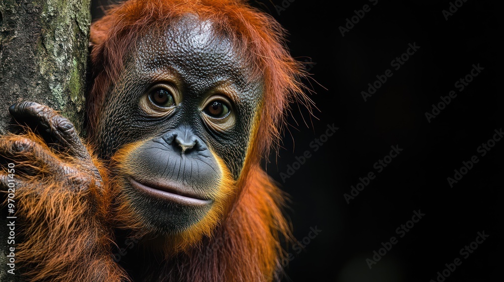 A close-up of a young orangutan with expressive eyes. A close-up of a young orangutan with expressive eyes.