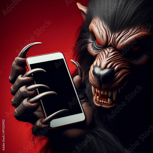  Werewolf's hand with long fingers and nails, paw holding modern smartphone with blank screen against red studio background. photo