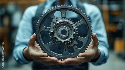 Office worker holding cog wheel as unity and teamwork in corporate workplace concept Diverse colleague business people showing symbol of visionary system and mechanism for business suc : Generative AI photo