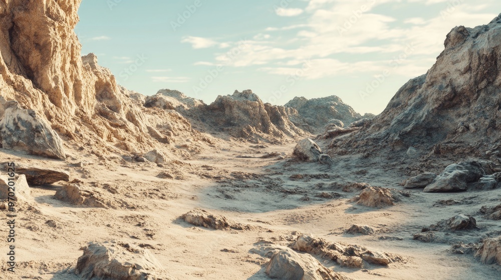 Obraz premium Fantasy realistic terrain of an alien world featuring canyons and rocky landscapes depicting a desert like exoplanet in a 3D render
