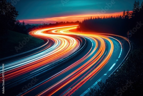 A Winding Road with Blurry Lights at Sunset photo