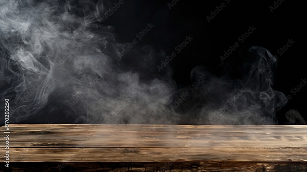 On a black background an empty wooden table with smoke floats up Empty space for displaying your products with a smoke float up on a dark background Space available for displaying your : Generative AI On a black background an empty wooden table with smoke floats up Empty space for displaying your products with a smoke float up on a dark background Space available for displaying your : Generative AI