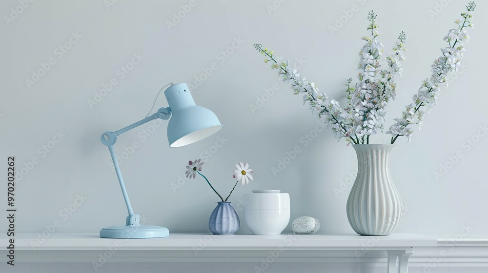 Blue Desk Lamp, White Flowers, and Decor on a White Shelf Blue Desk Lamp, White Flowers, and Decor on a White Shelf