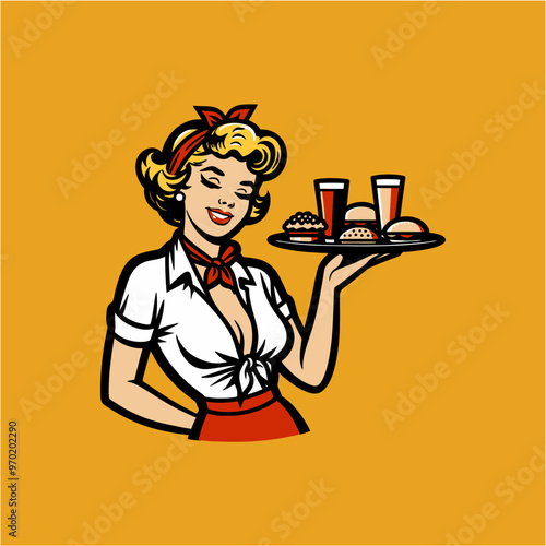 pinup  girl waitress hold tray full of burger and drinks