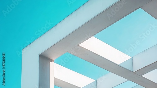 abstract concrete architecture detail Geometric fragment of a modern structure building white beams against a light blue sky minimal design contemporay and minimalist photography angul : Generative AI