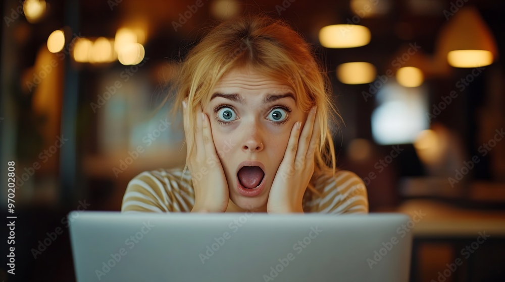Young caucasian woman working using computer laptop afraid and shocked surprise and amazed expression with hands on face : Generative AI Young caucasian woman working using computer laptop afraid and shocked surprise and amazed expression with hands on face : Generative AI