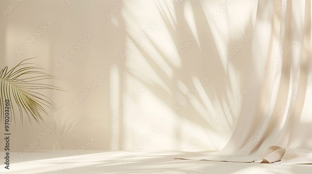 Minimalistic abstract gentle light beige background for product presentation with light and shadow of window curtains on wall : Generative AI