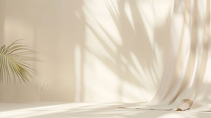 Minimalistic abstract gentle light beige background for product presentation with light and shadow of window curtains on wall : Generative AI