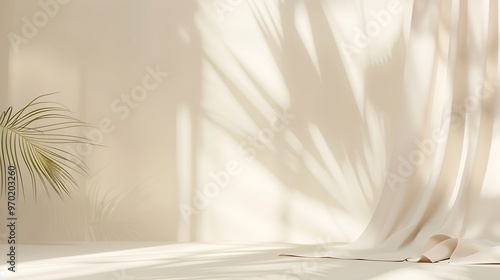 Minimalistic abstract gentle light beige background for product presentation with light and shadow of window curtains on wall : Generative AI