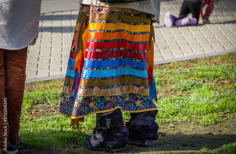 Obraz premium Close up of a ribbon skirt. Ribbon skirts are traditionally worn by indigenous women and represent a direct connection to Mother Earth. They are typically worn for special occasions.