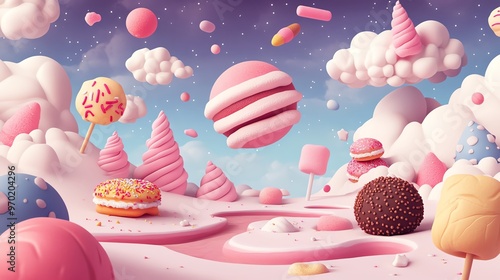 A whimsical candy land filled with colorful sweets, fluffy clouds, and charming desserts, perfect for children's imagination.