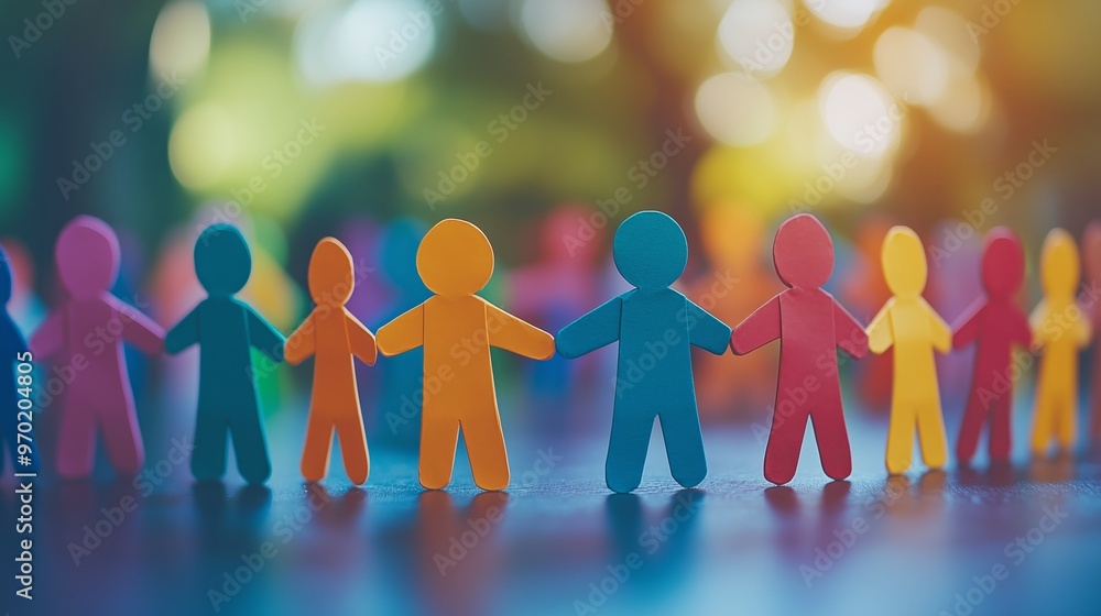 A group of colorful paper people standing in front, each holding hands with their own color figure A group of colorful paper people standing in front, each holding hands with their own color figure