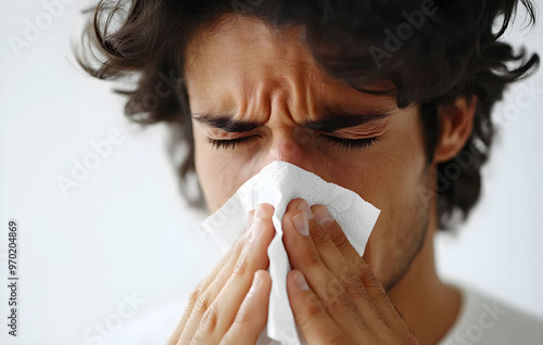 A man with a runny nose is blowing his nose with a tissue photo