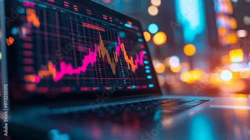 A stock market graph on the screen of an open laptop, with trading charts and financial data in the blurred background.