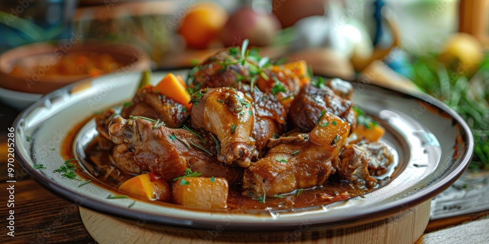 Dish of brown stew chicken Dish of brown stew chicken