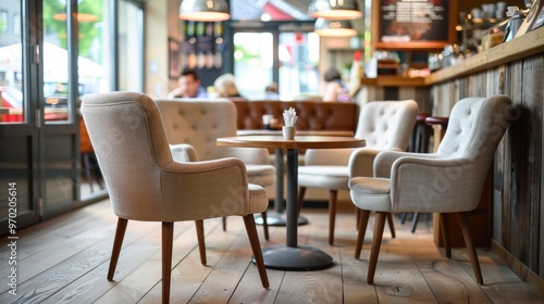 Comfy Chairs: Soft, high-backed chairs offering superior comfort, with upholstery in neutral tones to enhance the coffee shop's cozy and inviting atmosphere. 