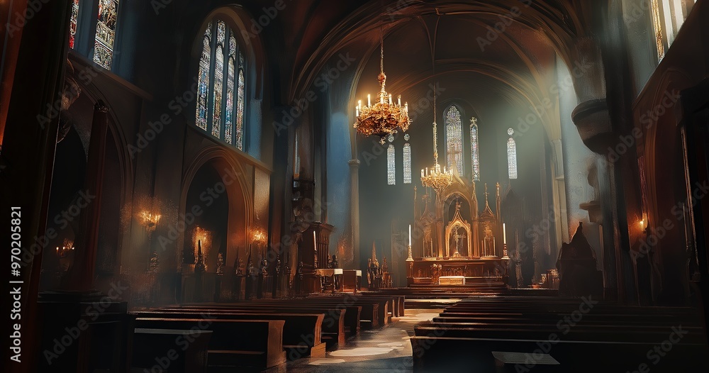 Fototapeta premium Interior of a Church with Candles and Sunlight Through Stained Glass