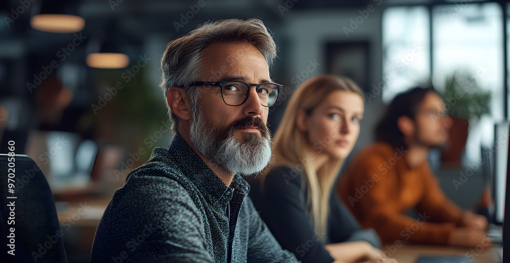 Obraz premium A man with glasses and a beard is sitting in a room with other people