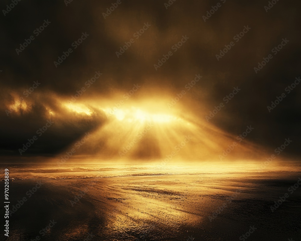 Golden rays emerging from the horizon against a dark backdrop Golden rays emerging from the horizon against a dark backdrop