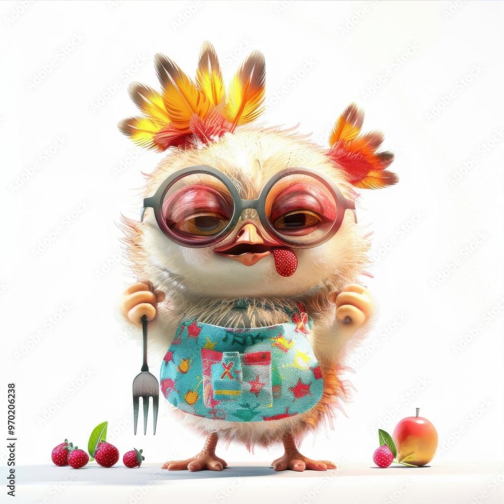 Obraz premium Cute and comical turkey with a big fork on an autumn background, ideal for Thanksgiving and fall-themed artwork.
