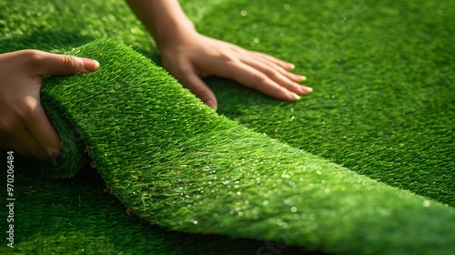 Landscaping of the yard with artificial turf Gardener hands hold a roll of artificial grass Hands rolling a green imitation grass The material is for carpet flooring wall and sports st : Generative AI photo