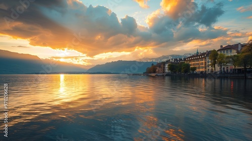 Bright sunset over lake Geneva Switzerland golden clouds reflect in the water : Generative AI photo