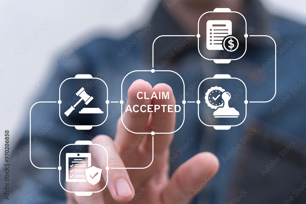 Man working on virtual touch screen presses inscription: CLAIM ACCEPTED. Claim Compensation Accepted Management Business Department Concept. Registration claims document.