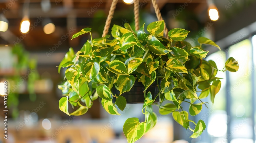 Obraz premium Plants and Greenery: A variety of potted and suspended plants that enhance the indoor setting, offering a soothing and refreshing atmosphere for coffee drinkers. 