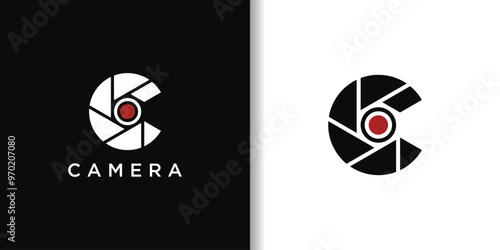 Camera logo design, Initial Letter C with lens photography. Premium Vector