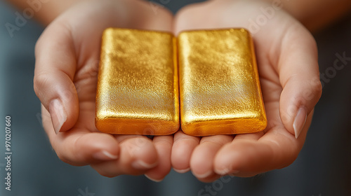 Close-up of hands holding two shiny gold bars, symbol of wealth, financial success, investment, and economic security, luxury precious metals, monetary value photo