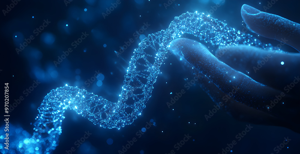 A hand is holding a blue DNA strand A hand is holding a blue DNA strand