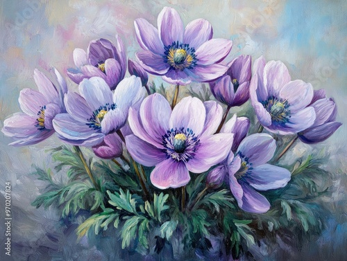 Oil painting showcasing beautiful anemone flowers in springtime capturing the essence of Pasque Pulsatilla taurica blooms photo