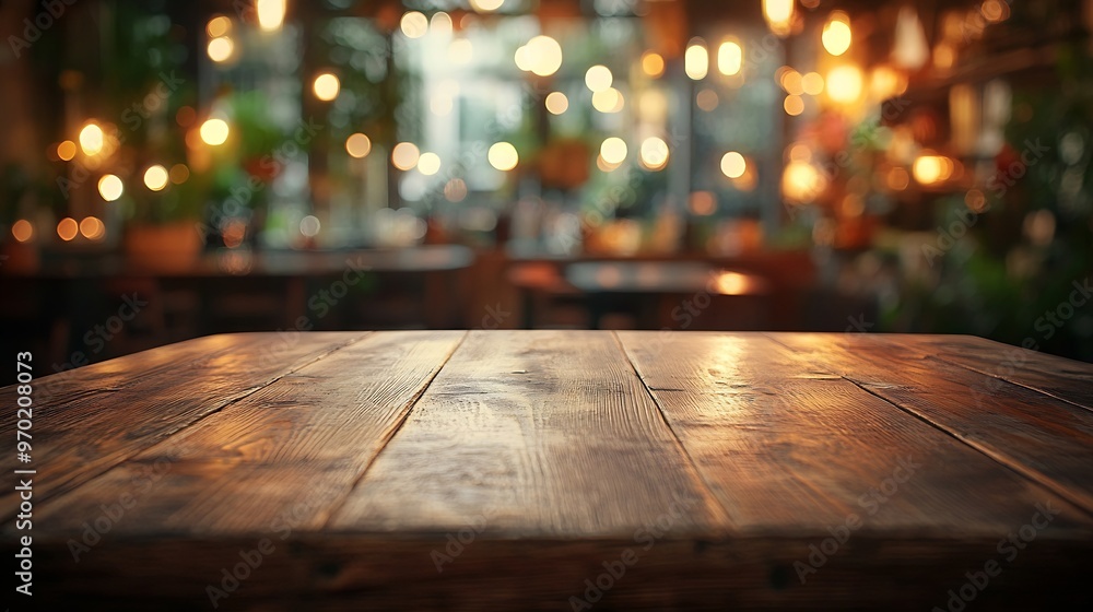 Empty old wood table top and blurred bokeh cafe and coffee shop ...