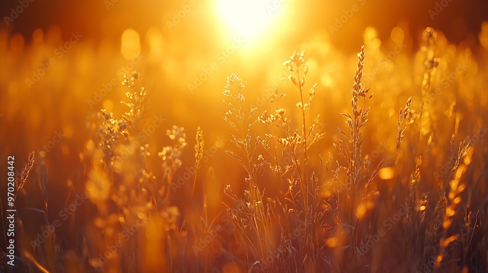 Fototapeta premium golden sunset light over field : Generative AI