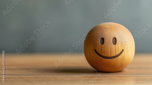 Wooden smiley face ball on wooden surface, close-up of positive expression, symbol of happiness, joy, and emotional well-being, minimalistic design for a cheerful atmosphere photo