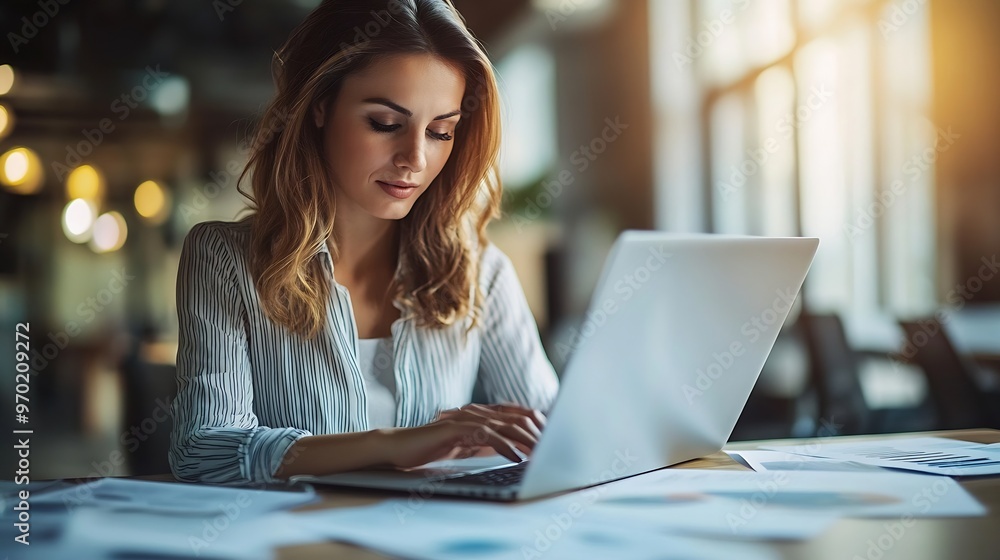 Young businesswoman using laptop while analyzing paperwork while working at coworking office : Generative AI Young businesswoman using laptop while analyzing paperwork while working at coworking office : Generative AI