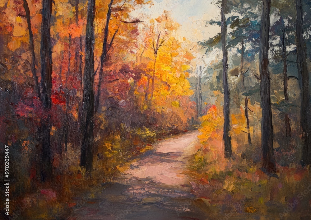 Oil painting depicting a vibrant forest path in autumn showcasing stunning color variations and natural scenery Oil painting depicting a vibrant forest path in autumn showcasing stunning color variations and natural scenery