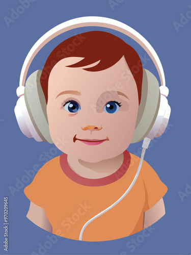 Adorable baby boy listening music wearing headphones