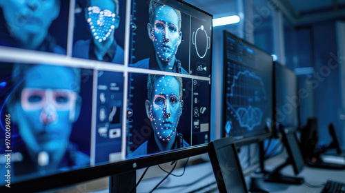 Human faces on screens of biometric identification system in surveillance room, facial recognition with AI technology. Concept of verification, id, person, security