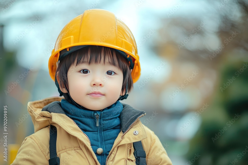 Young Boy Wearing a Yellow Hard Hat Young Boy Wearing a Yellow Hard Hat