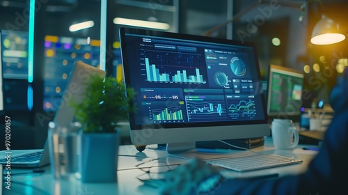 Busy analyst team in office analyzing financial data analysis for marketing strategy in workspace using BI dashboard with graph and chart on laptop screen to improve business performan : Generative AI photo