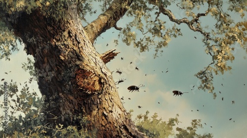 Oil painting depicting a Sawtooth oak tree with insects including beetles interacting and seeking sap from the tree s bark Fagaceae family and its characteristics are highlighted photo