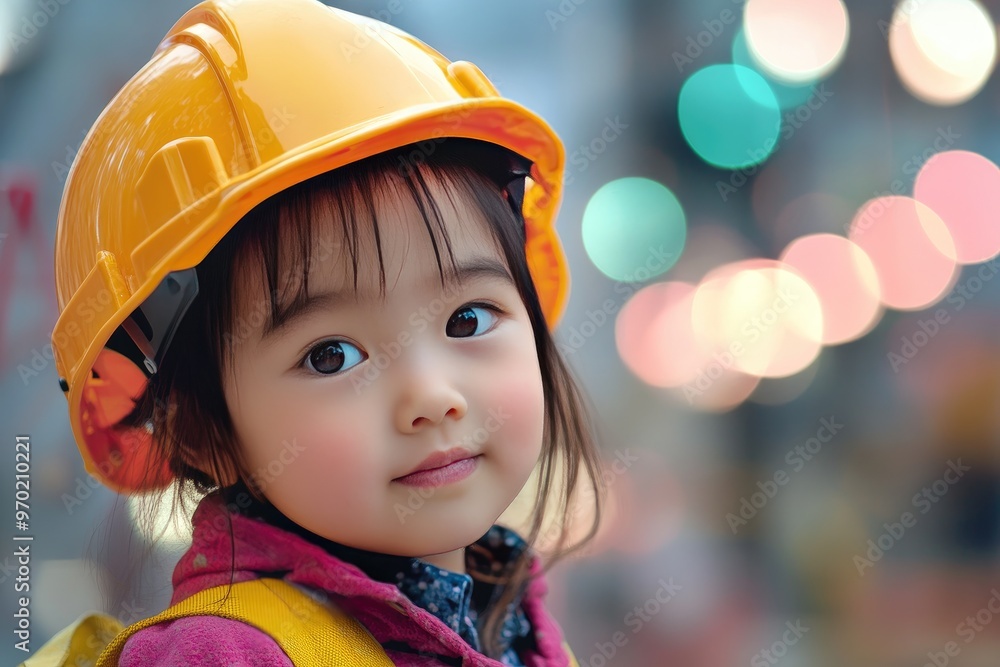 Young Girl in Yellow Construction Helmet Looking at Camera Young Girl in Yellow Construction Helmet Looking at Camera