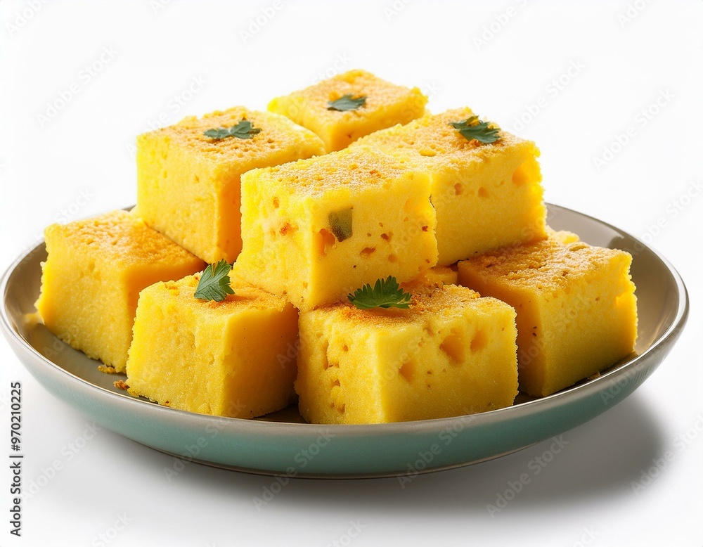 Dhokla on plate isolated on white background Dhokla on plate isolated on white background